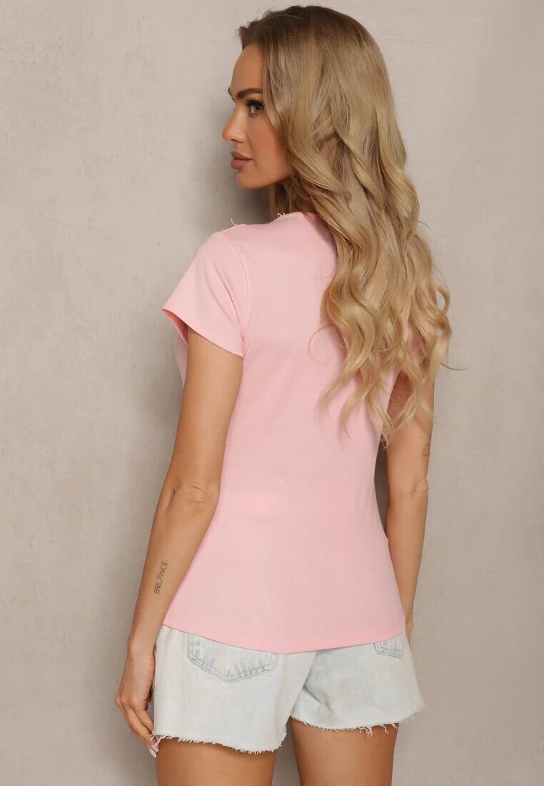 metro five Tricou Roz pal din bumbac cu mânecă scurtă și dantelă decorativă la decolteu Comelina