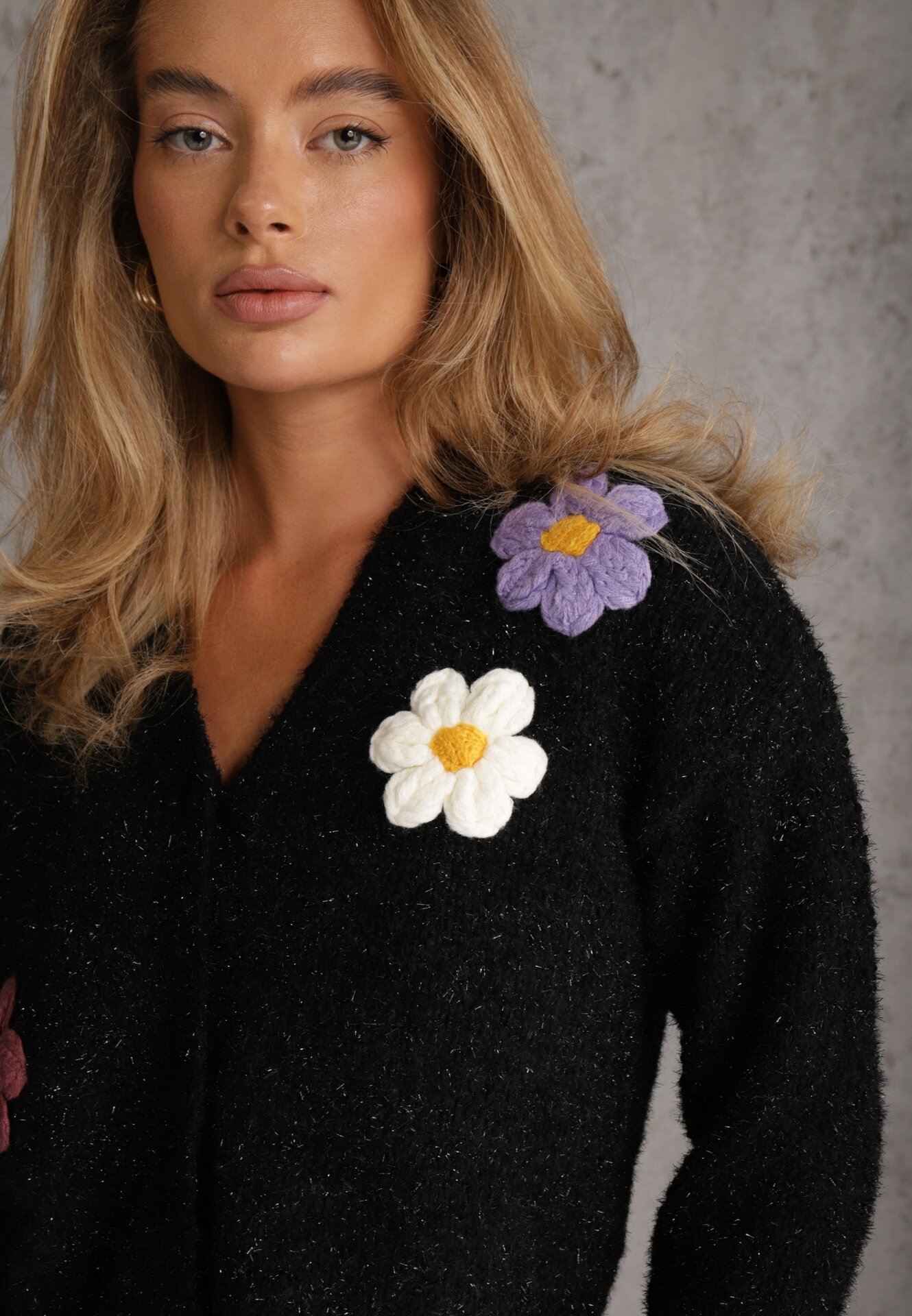 metrofive Cardigan cu adaos de lână decorat cu floricele din fir metalic Karrie Negru