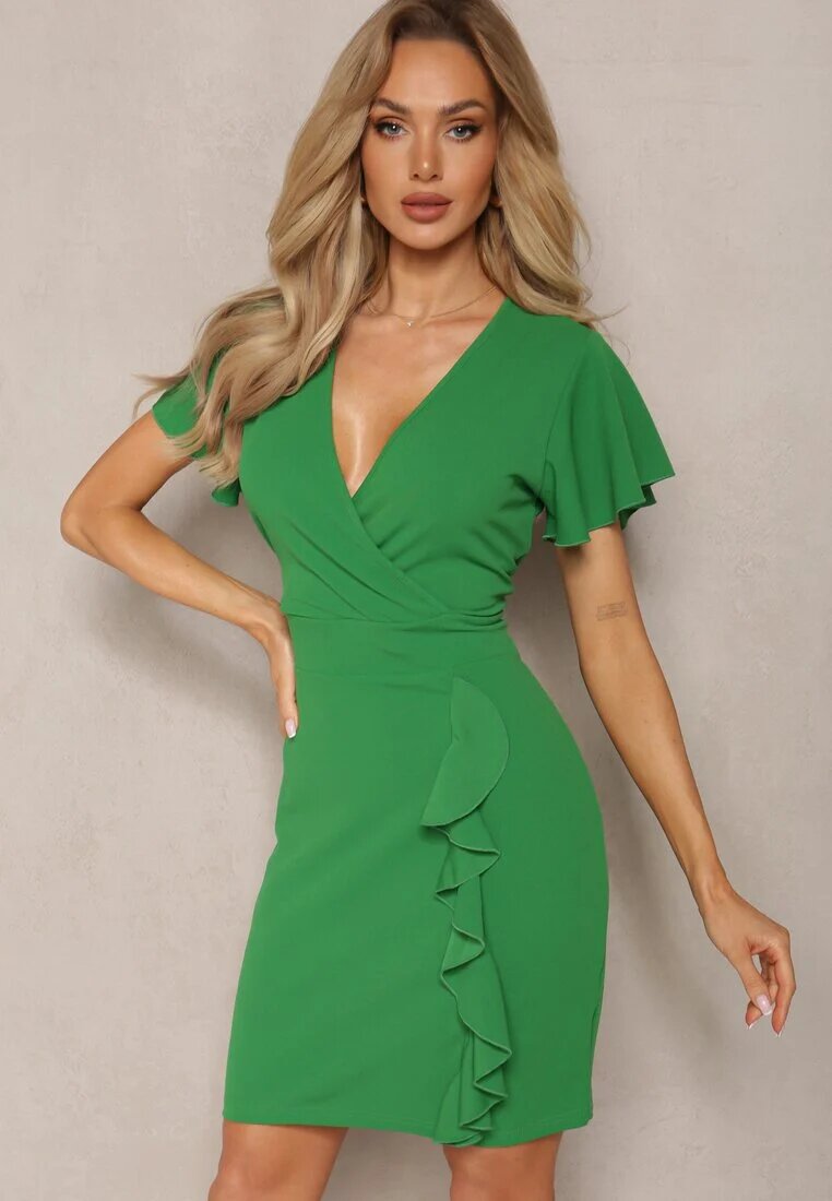 metrofive Rochie Mini Verde cu croială ajustată cu bust petrecut și volan Haliari