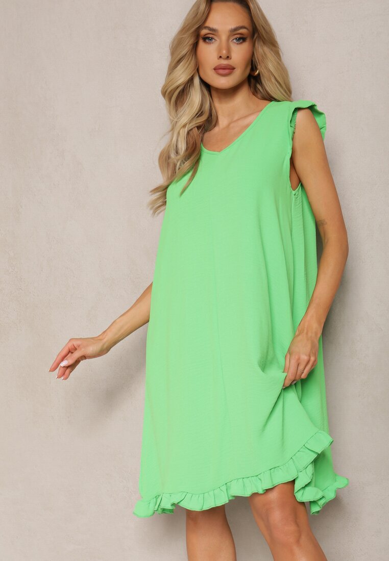 metrofive Rochie trapezoidală verde deschis de vară fără mâneci cu volan Heola