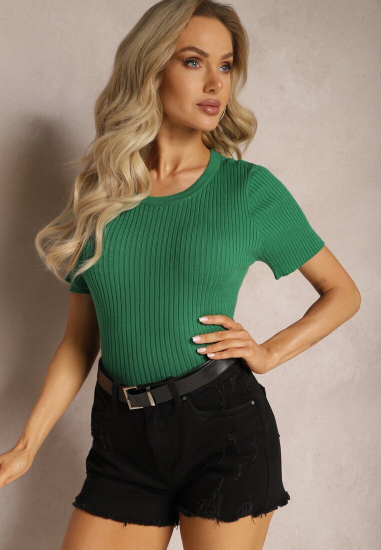 metrofive T-shirt Verde din Tricot Reiat cu Croială Scurtă Poutia