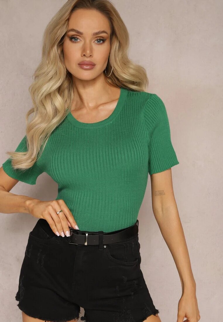 metrofive T-shirt Verde din Tricot Reiat cu Croială Scurtă Poutia