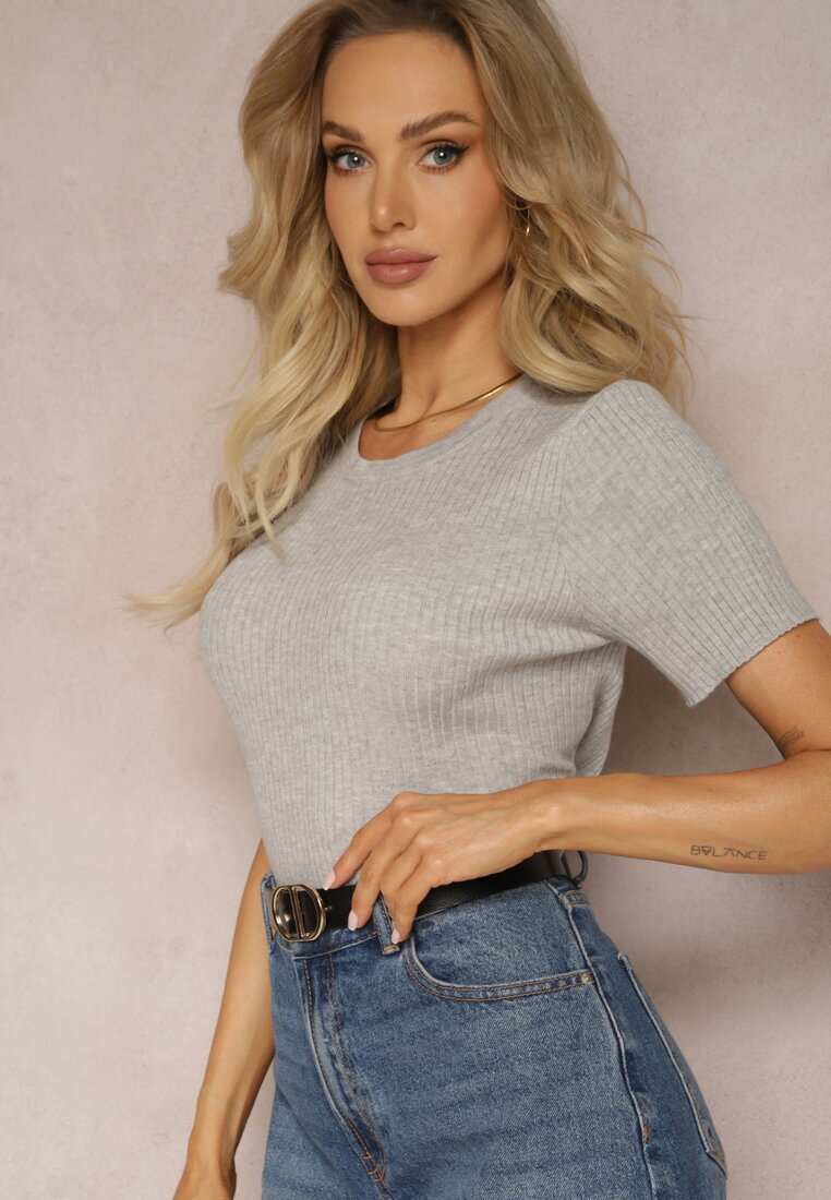 metrofive Tricou Gri din Tricot Reiat Cropped Poutia