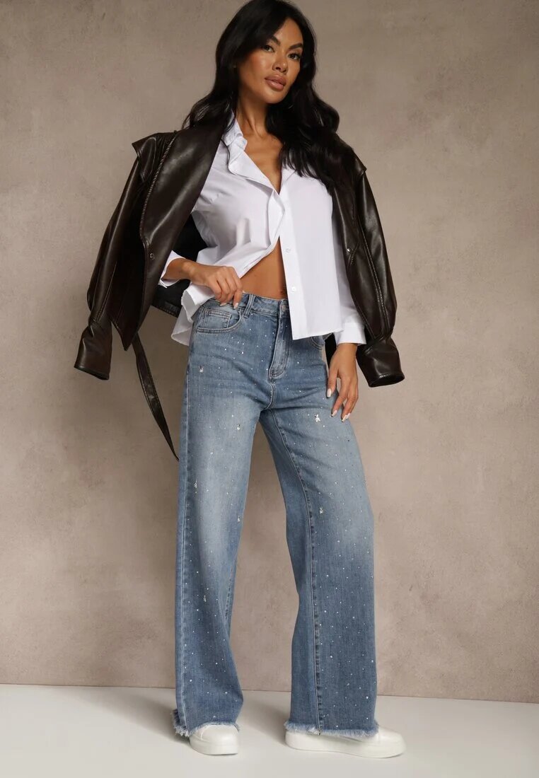 milas91 Blugi Albaștri Largi High Waist cu aplicații din zirconiu Sireilure