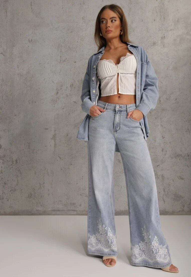 milas91 Blugi Albaștri Largi în Stil Boho cu Imprimeu Decorativ pe Craci Endippe