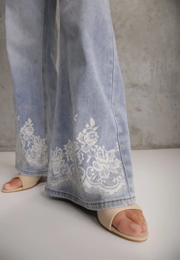 milas91 Blugi Albaștri Largi în Stil Boho cu Imprimeu Decorativ pe Craci Endippe