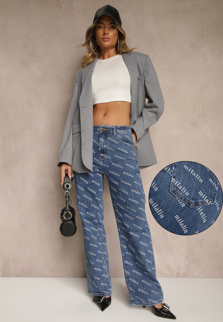 milas91 Blugi Albaștri Straight Leg High Waist Decorați cu imprimeu Vilesse