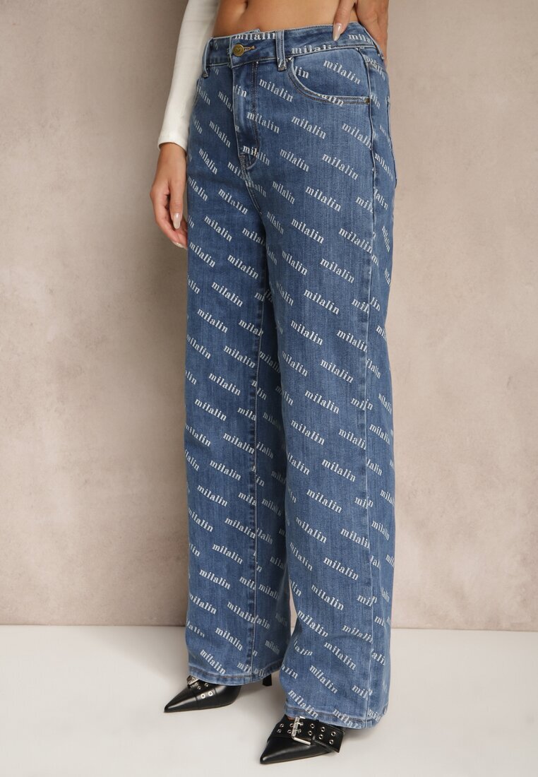 milas91 Blugi Albaștri Straight Leg High Waist Decorați cu imprimeu Vilesse