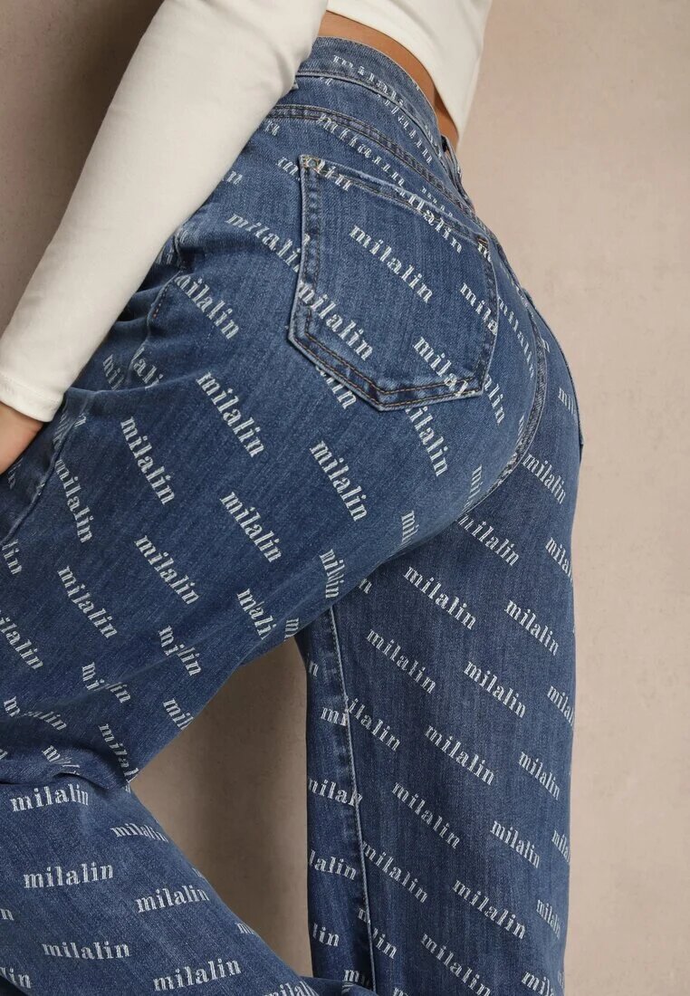 milas91 Blugi Albaștri Straight Leg High Waist Decorați cu imprimeu Vilesse