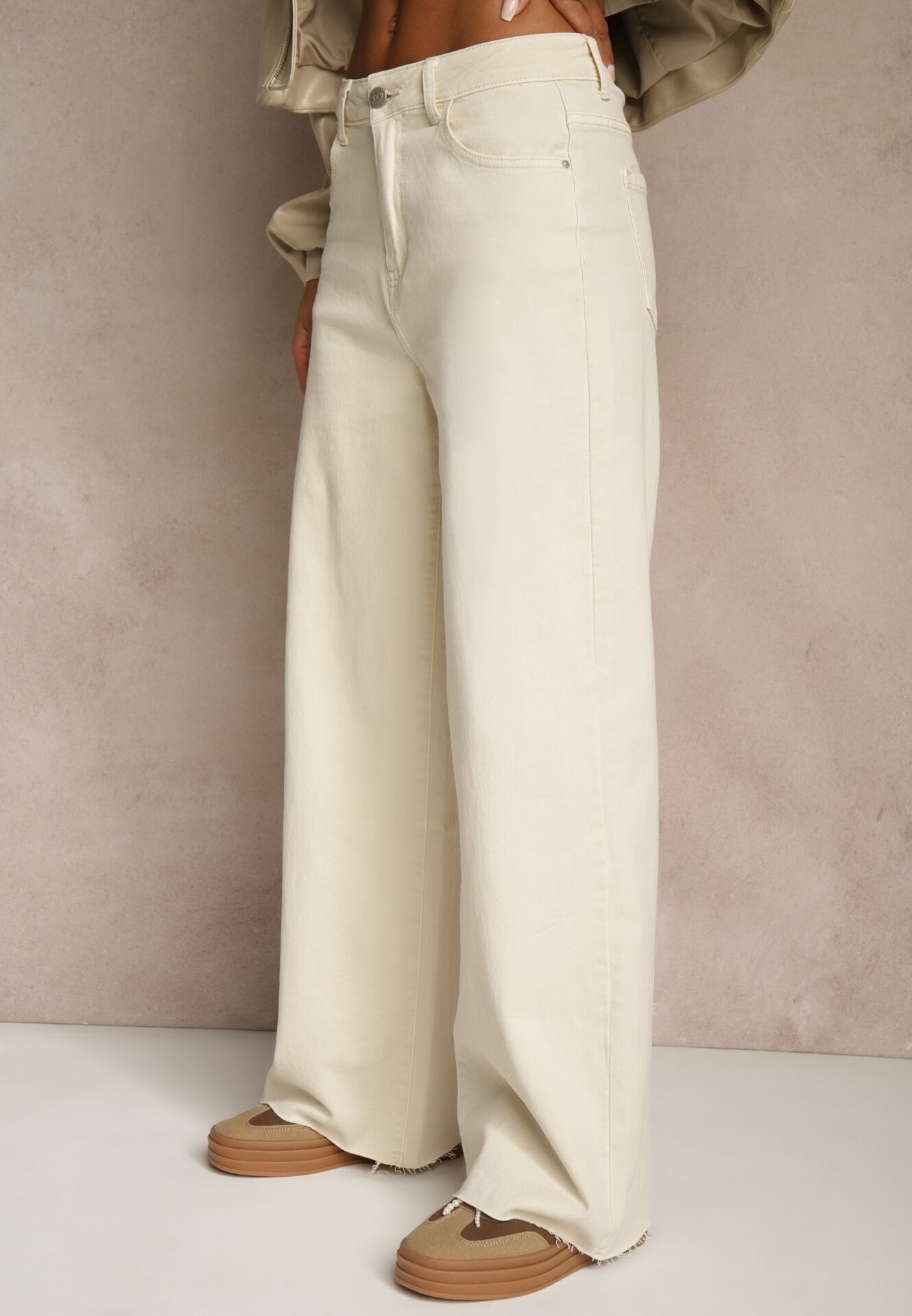milas91 Blugi Bej deschis Wide Leg High Waist cu margini franjurate Brizess