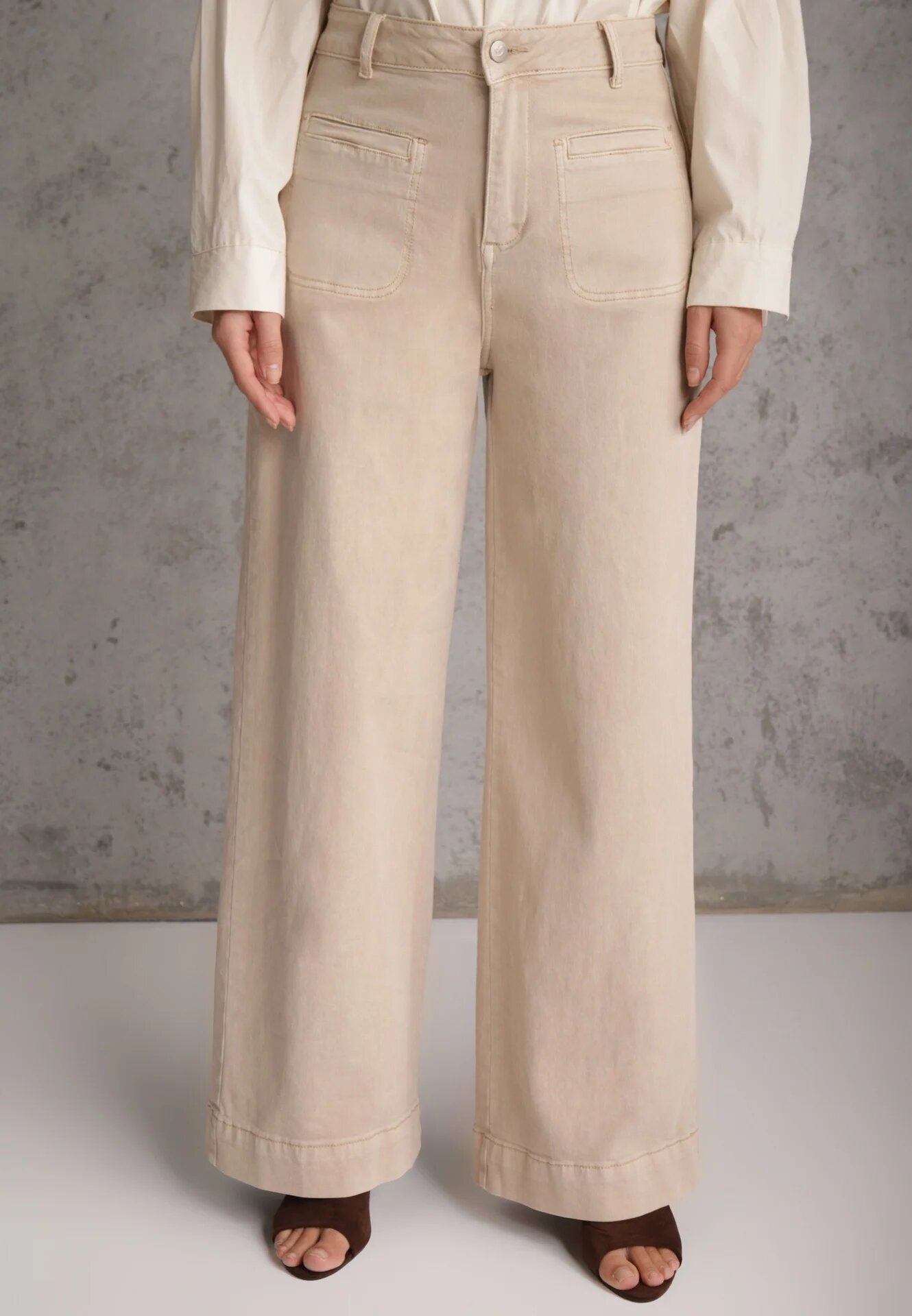 milas91 Blugi Bej High Waist Wide Leg din bumbac cu buzunare aplicate Yrelelin