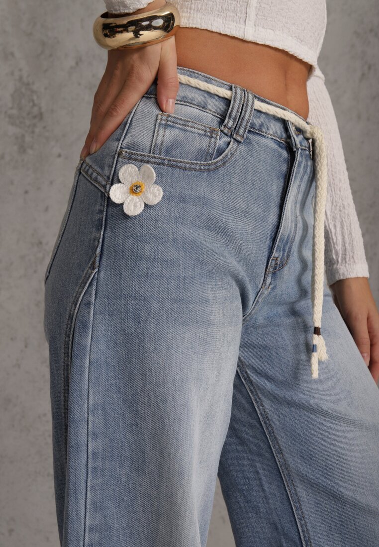 milas91 Blugi Largi Albastri din Bumbac High Waist cu Centură Tip Șnur Caninna