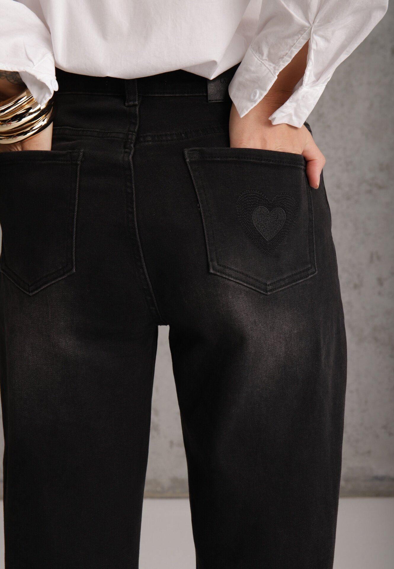milas91 Blugi Mom Fit High Waist cu bumbac și amestec de viscoză decorate cu broderie Venea Gri închis