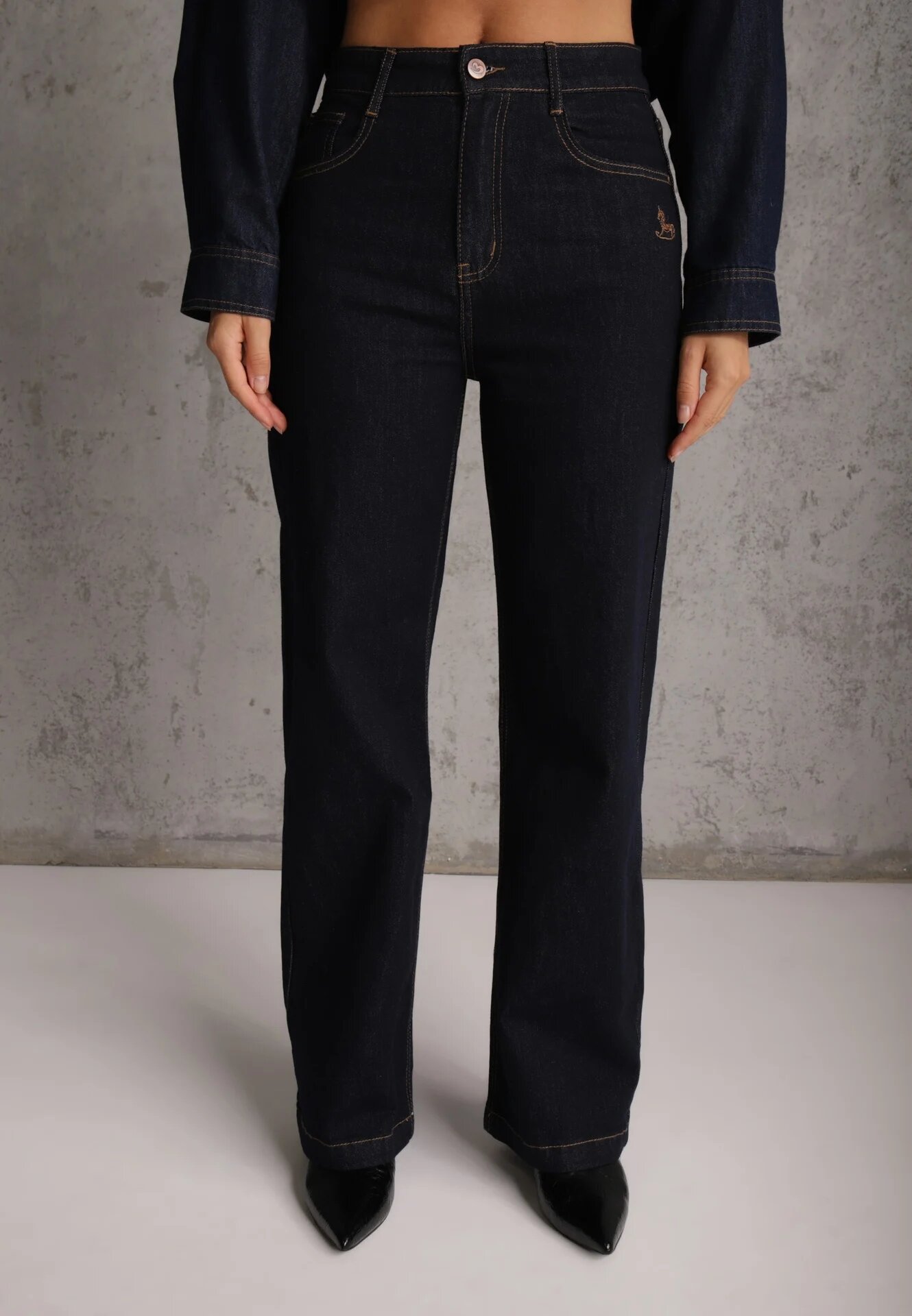 milas91 Blugi Straight Leg Standard Waist Bogate w Bawełnę Giovantta Bleumarin