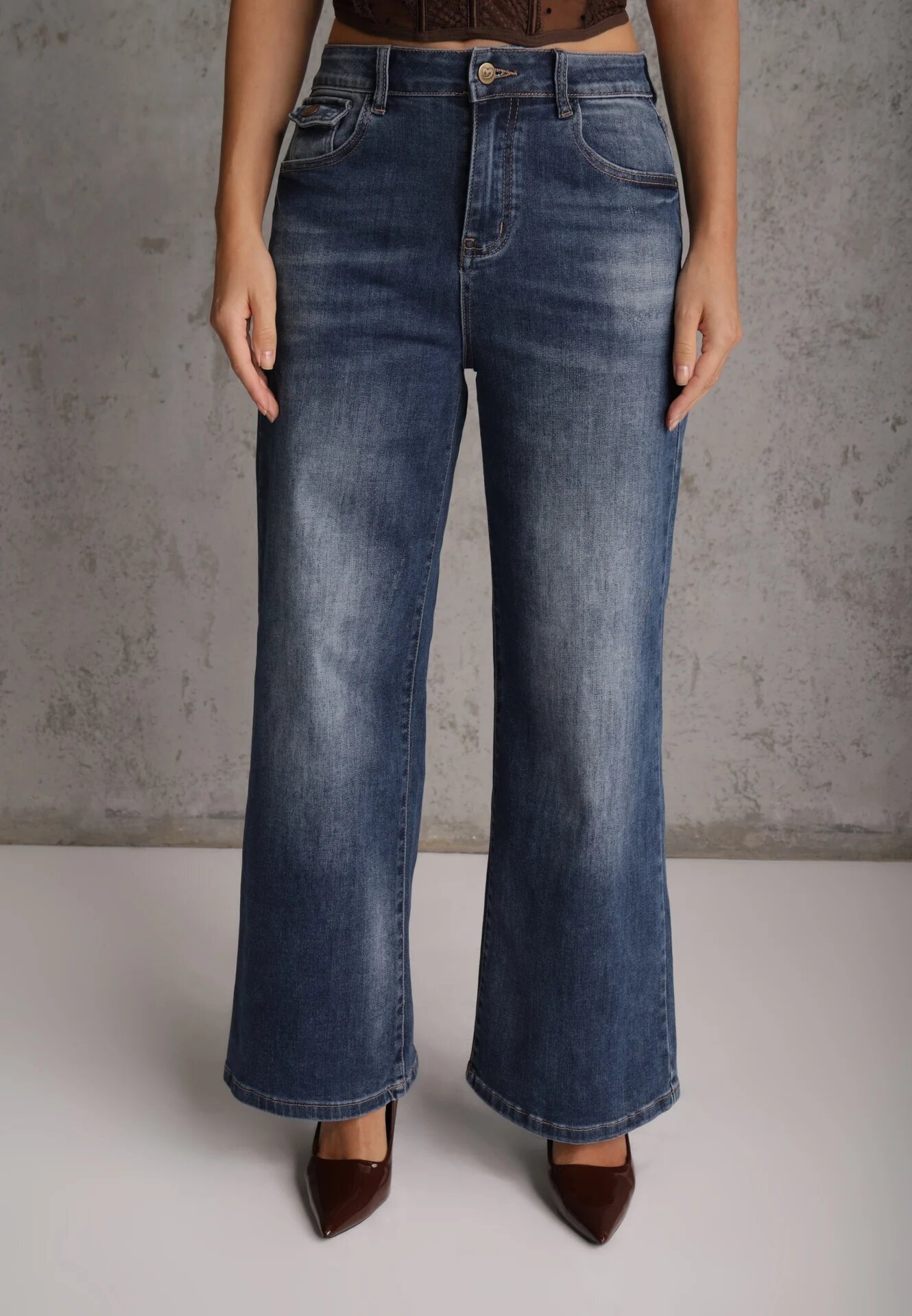 milas91 Blugi Wide Leg Standard Waist cu Buzunare cu Clape în Stil Y2K Nirasa Albaștri