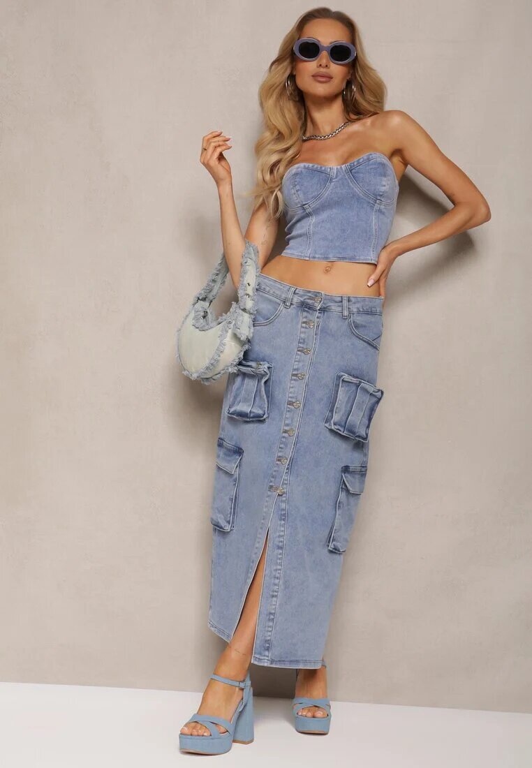 milas91 Fustă albastră casual din denim talie înaltă decorată frontal cu nasturi și buzunare cu clapetă