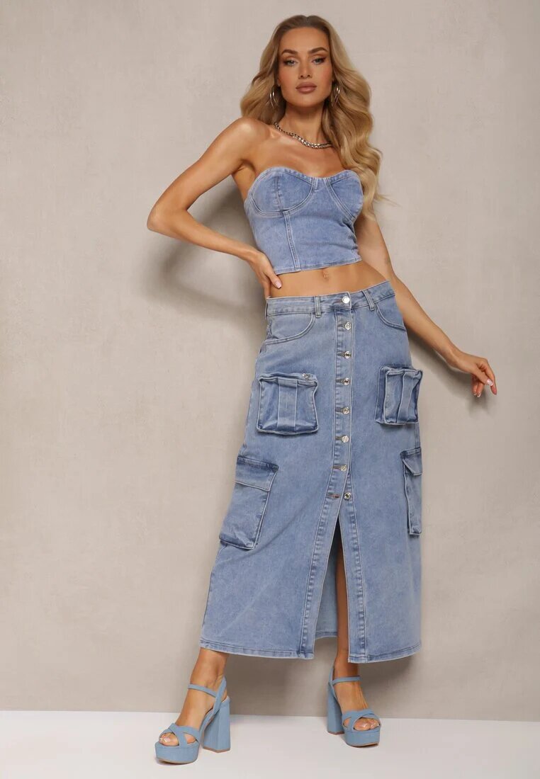 milas91 Fustă albastră casual din denim talie înaltă decorată frontal cu nasturi și buzunare cu clapetă