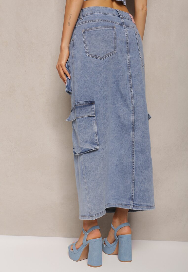 milas91 Fustă albastră casual din denim talie înaltă decorată frontal cu nasturi și buzunare cu clapetă