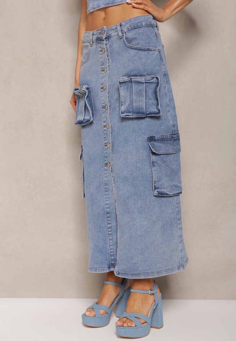 milas91 Fustă albastră casual din denim talie înaltă decorată frontal cu nasturi și buzunare cu clapetă