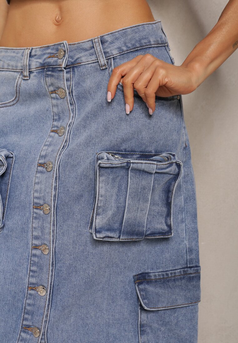 milas91 Fustă albastră casual din denim talie înaltă decorată frontal cu nasturi și buzunare cu clapetă