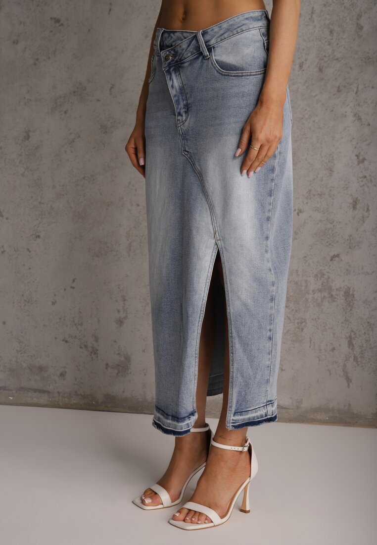 milas91 Fustă Albastră din Denim cu Bumbac High Waist cu Croi Asimetric Vikisla