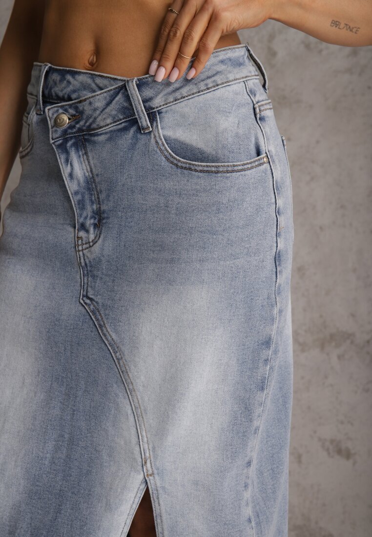 milas91 Fustă Albastră din Denim cu Bumbac High Waist cu Croi Asimetric Vikisla