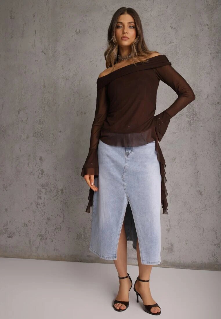 milas91 Fustă Albastră din Denim cu Bumbac Talie înaltă și Crăpătură pe Picior Cinadessa