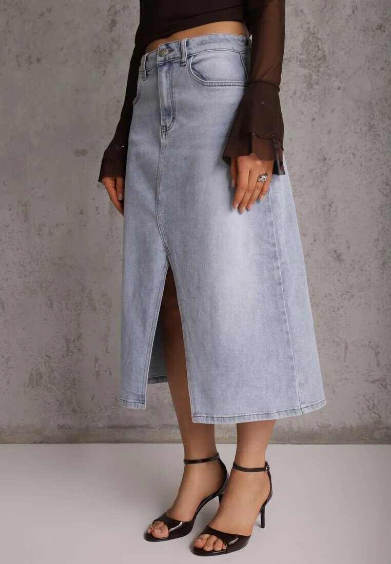 milas91 Fustă Albastră din Denim cu Bumbac Talie înaltă și Crăpătură pe Picior Cinadessa