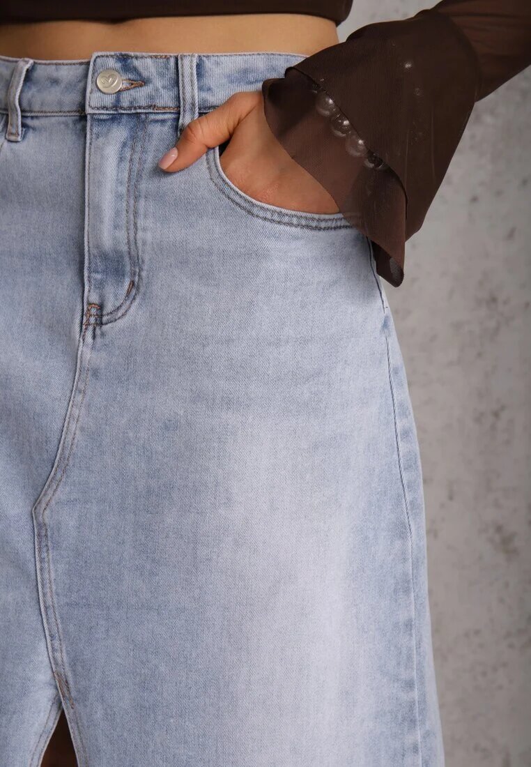 milas91 Fustă Albastră din Denim cu Bumbac Talie înaltă și Crăpătură pe Picior Cinadessa