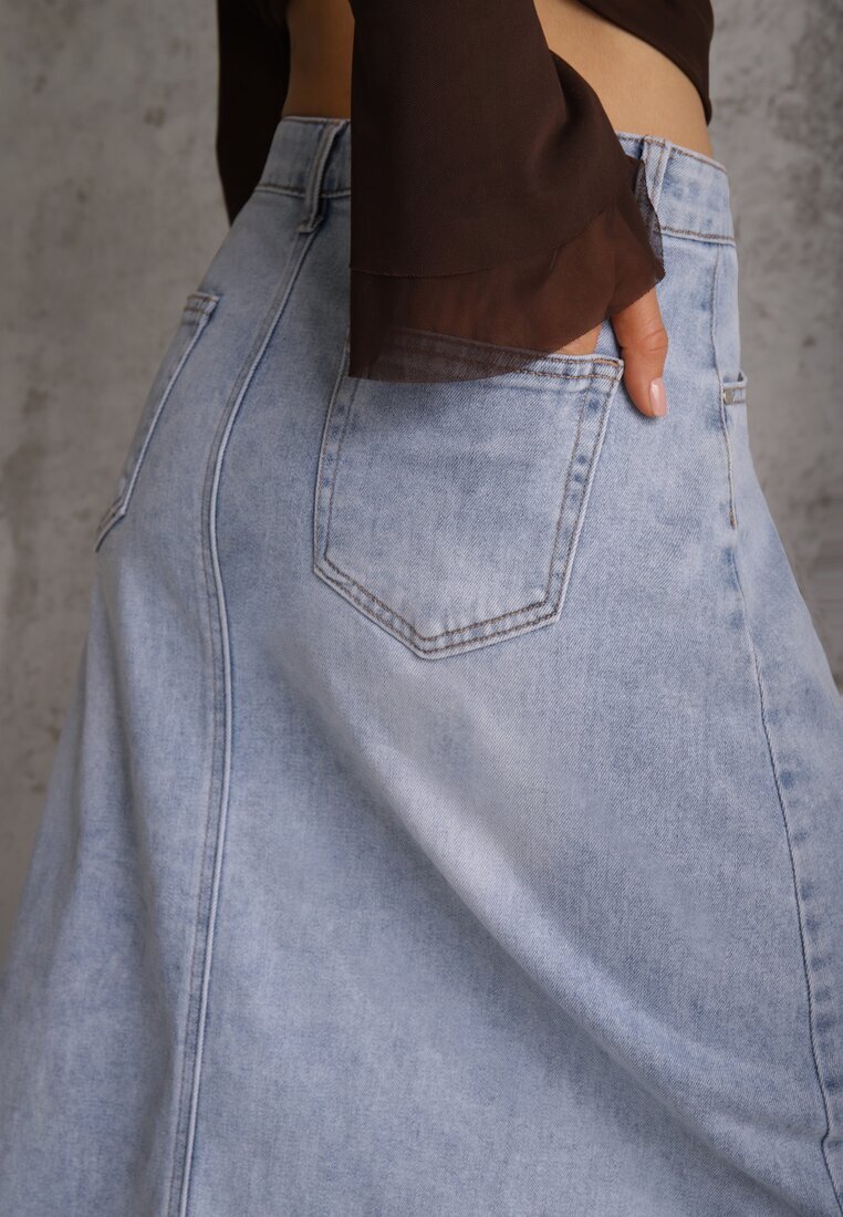 milas91 Fustă Albastră din Denim cu Bumbac Talie înaltă și Crăpătură pe Picior Cinadessa