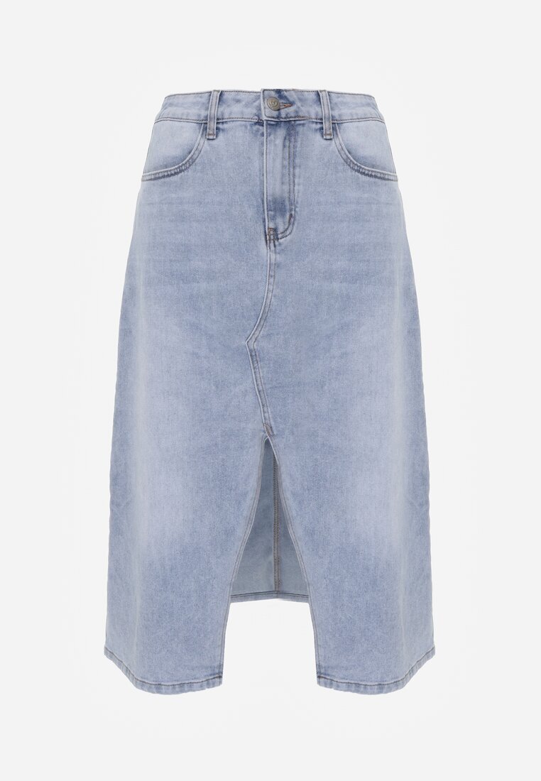 milas91 Fustă Albastră din Denim cu Bumbac Talie înaltă și Crăpătură pe Picior Cinadessa