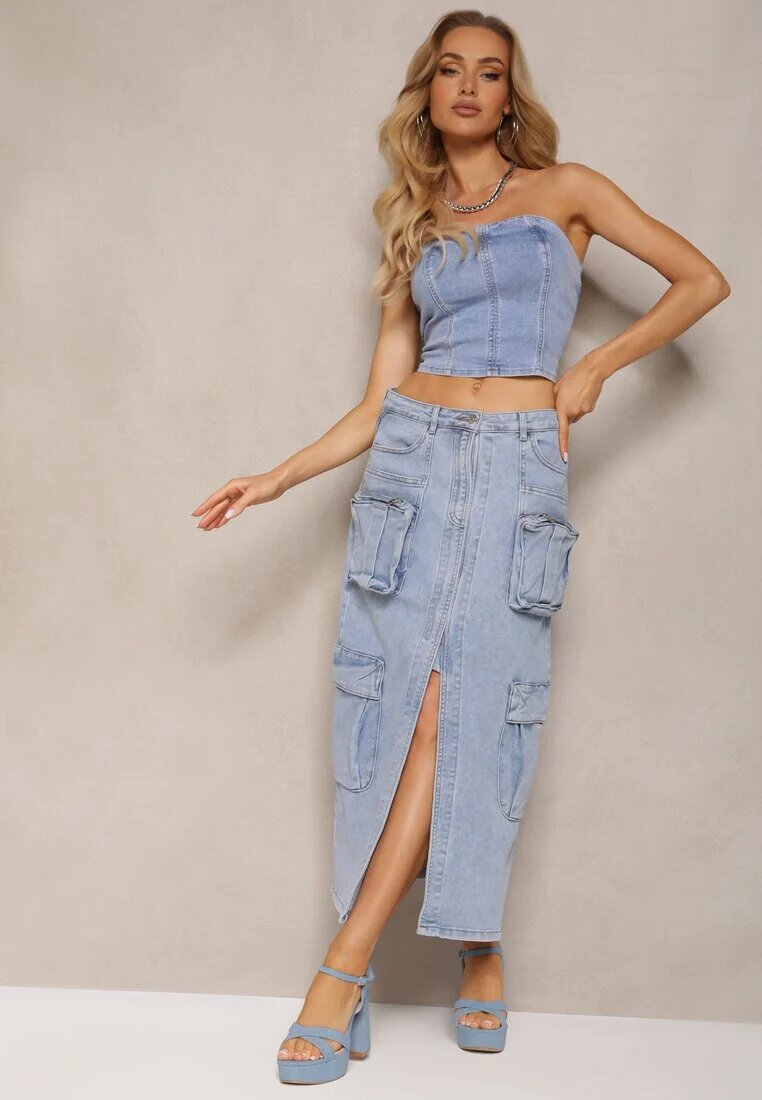 milas91 Fustă Albastră Din denim Regular Waist cu Buzunare cu Capse și Despicătură Alicella
