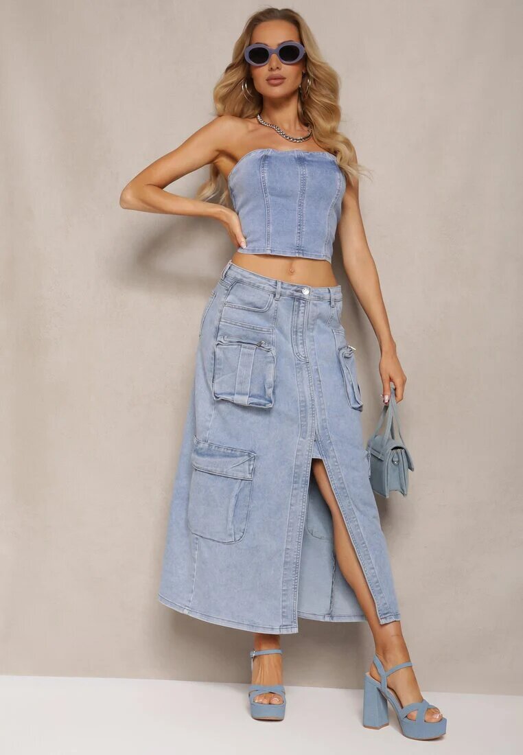 milas91 Fustă Albastră Din denim Regular Waist cu Buzunare cu Capse și Despicătură Alicella