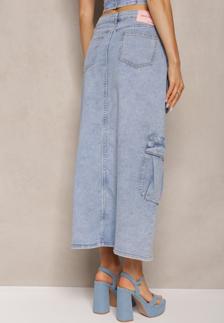 milas91 Fustă Albastră Din denim Regular Waist cu Buzunare cu Capse și Despicătură Alicella