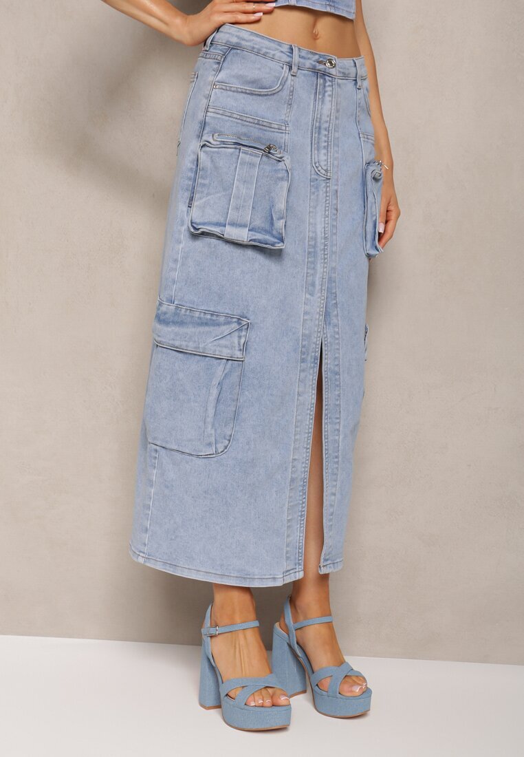 milas91 Fustă Albastră Din denim Regular Waist cu Buzunare cu Capse și Despicătură Alicella