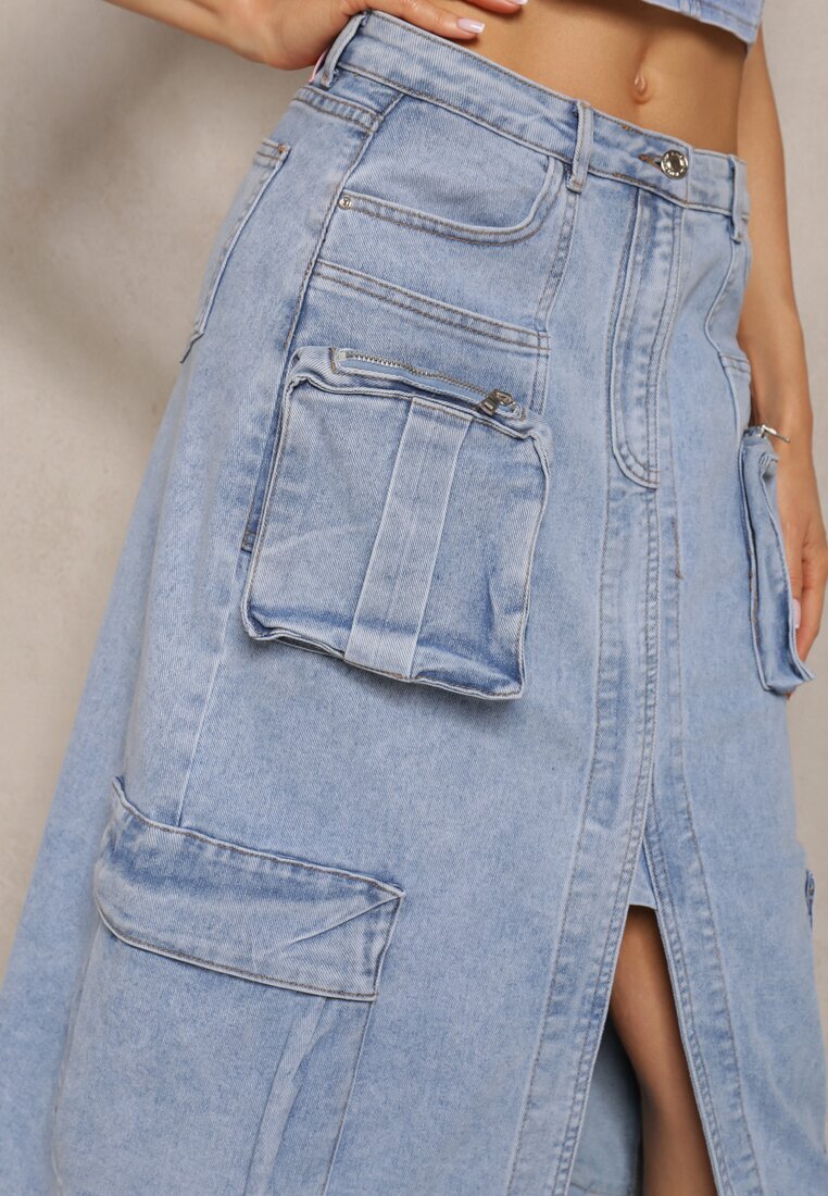 milas91 Fustă Albastră Din denim Regular Waist cu Buzunare cu Capse și Despicătură Alicella