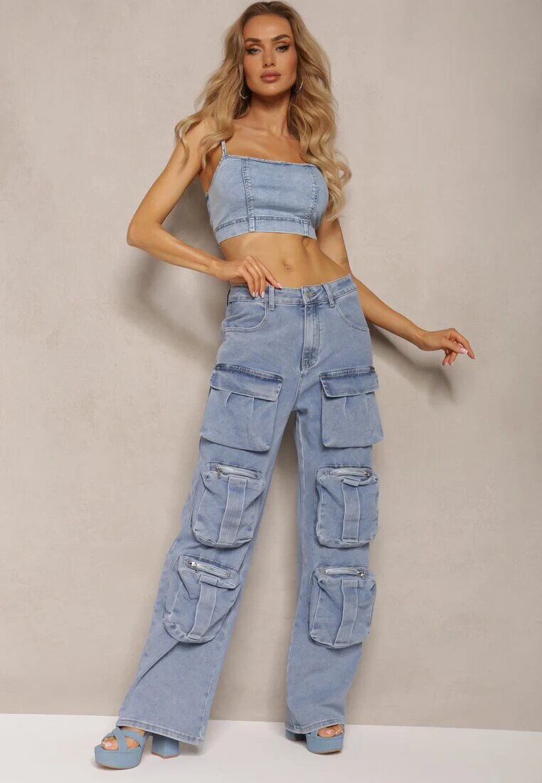milas91 Pantaloni Albaștri Talie Înaltă cu Picioare Drepte și Buzunare Decorative Quliana