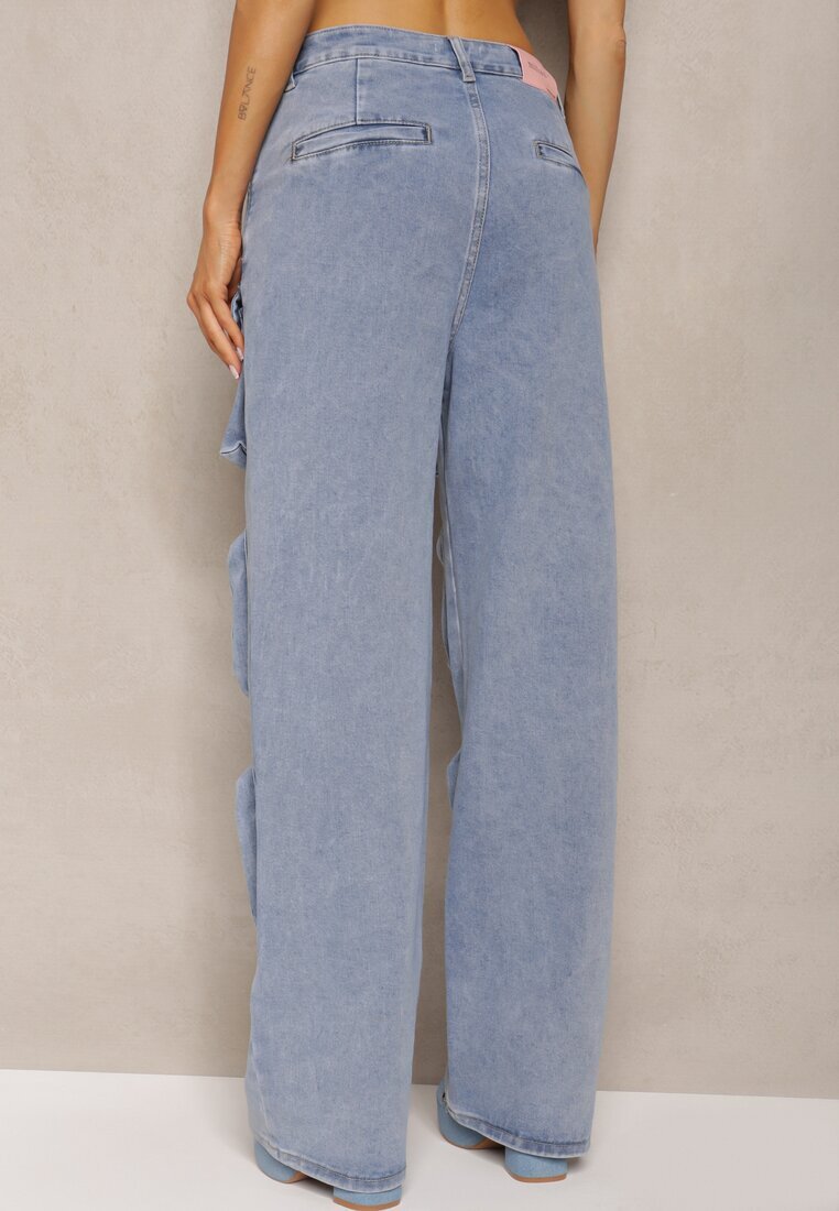 milas91 Pantaloni Albaștri Talie Înaltă cu Picioare Drepte și Buzunare Decorative Quliana