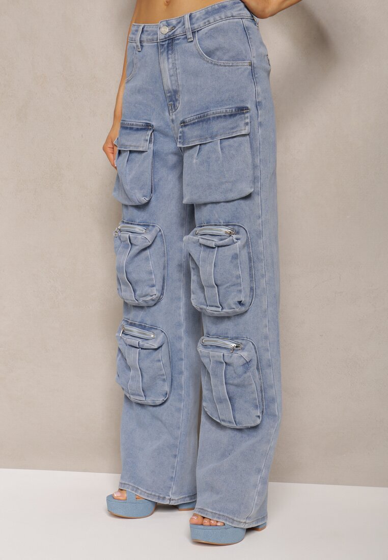 milas91 Pantaloni Albaștri Talie Înaltă cu Picioare Drepte și Buzunare Decorative Quliana