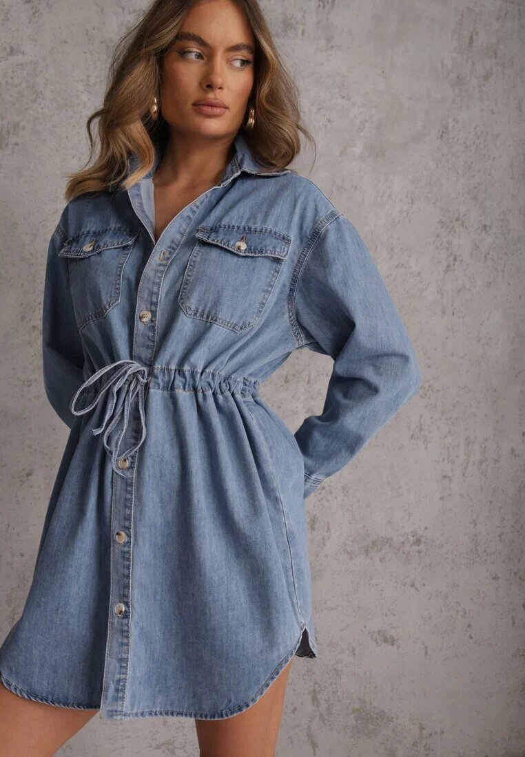 milas91 Rochie cămașă Albastră de blugi din bumbac cu legătură și încrețire Enatta