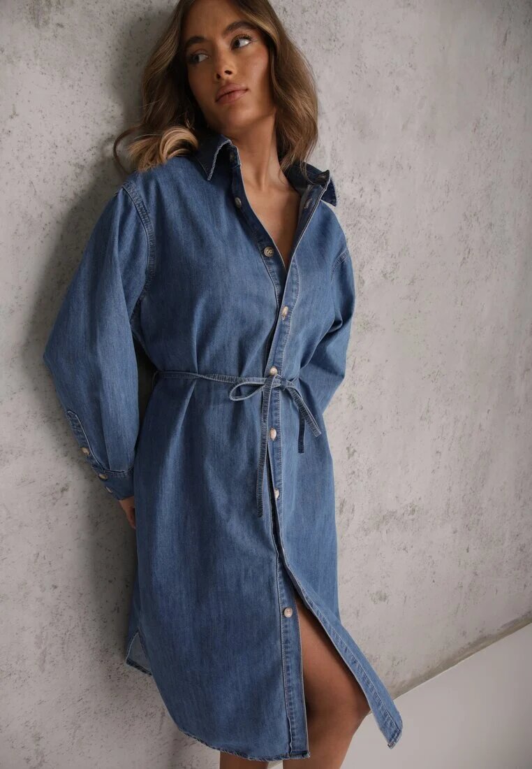 milas91 Rochie cămașă Albastră Denim Oversize cu bumbac și curea Cianatra