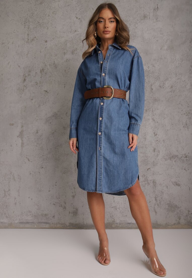 milas91 Rochie cămașă Albastră Denim Oversize cu bumbac și curea Cianatra