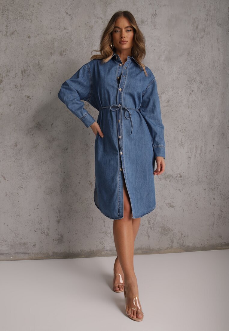 milas91 Rochie cămașă Albastră Denim Oversize cu bumbac și curea Cianatra