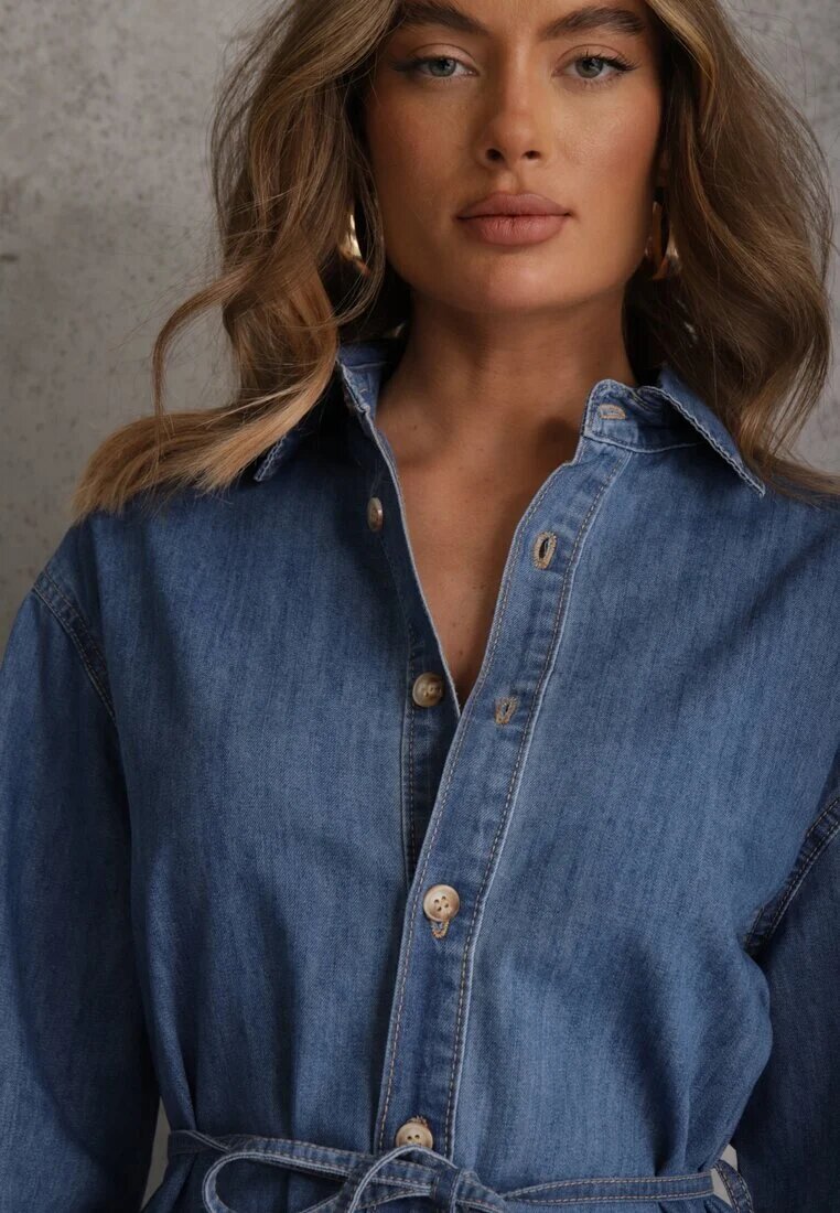 milas91 Rochie cămașă Albastră Denim Oversize cu bumbac și curea Cianatra