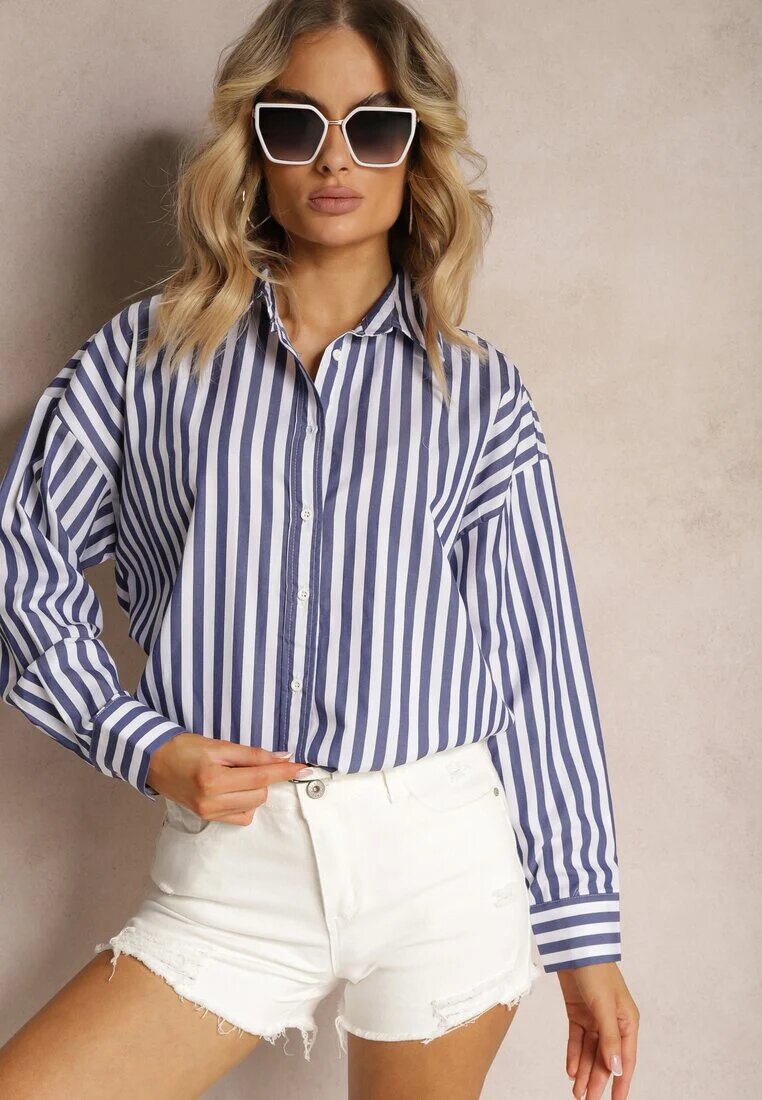 miss poem Cămașă alb-bleumarin din bumbac cu dungi verticale cu nasturi Drolia