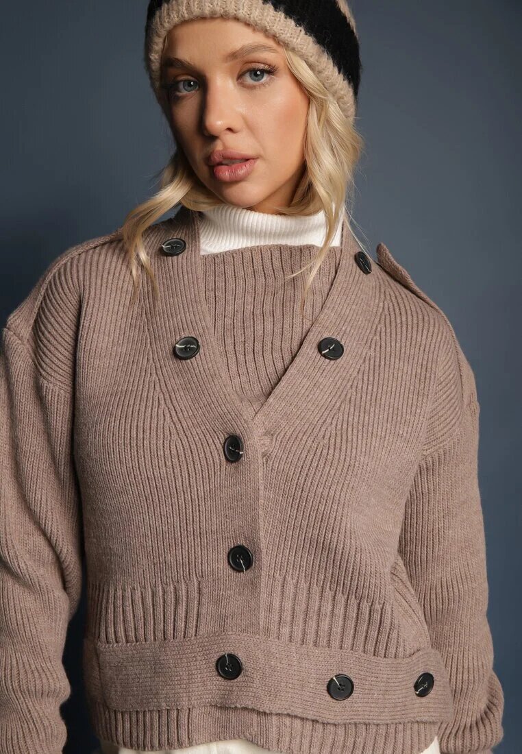 miss poem Cardigan Clasic Bej închis cu Curea Decorativă cu Nasturi în Talie Tilika