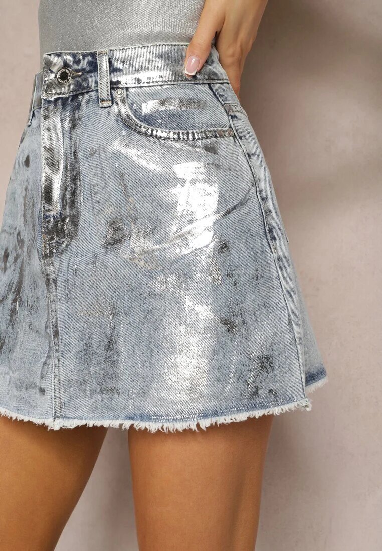 miss poem Fustă din denim albastru deschis cu fermoar cu imprimeu metalic Gladiela