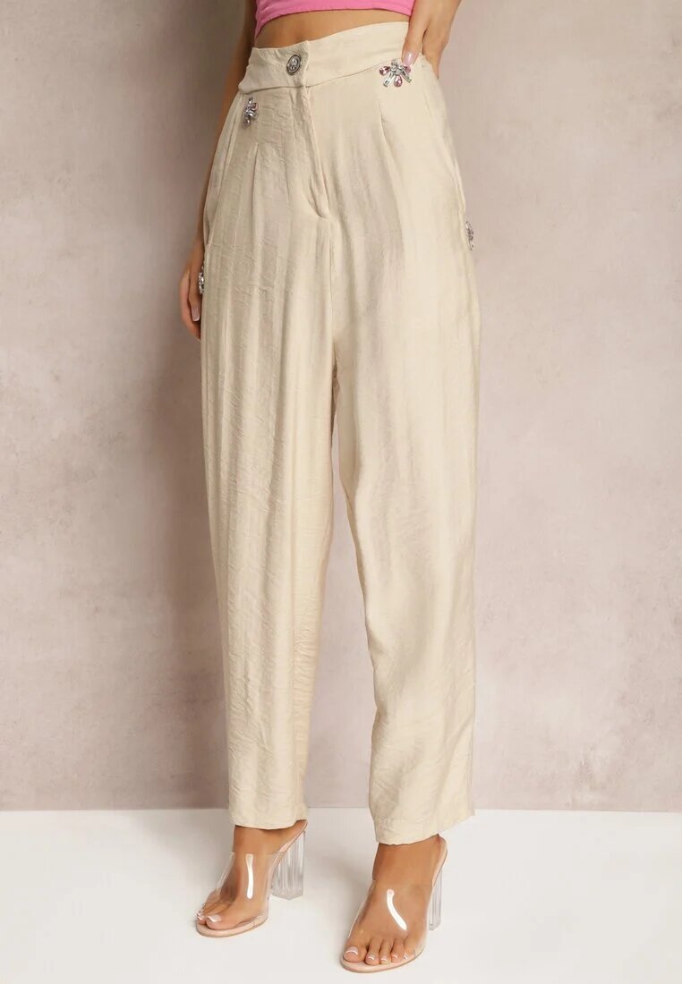 miss poem Pantaloni Bej Tip High Waist Decorați Cu Zirconii Sajara