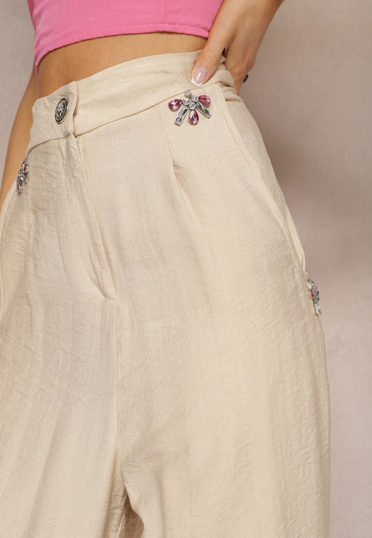 miss poem Pantaloni Bej Tip High Waist Decorați Cu Zirconii Sajara