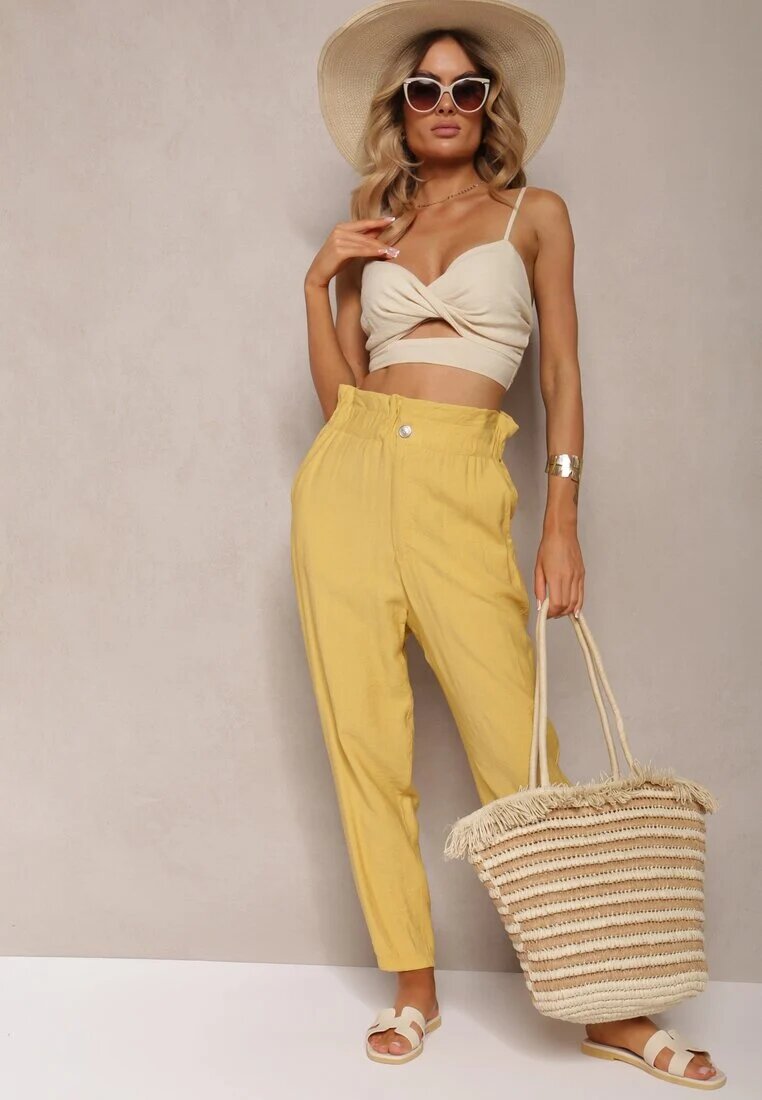 miss poem Pantaloni Clasici Galbeni cu Talie Elastică Paper Bag Targea